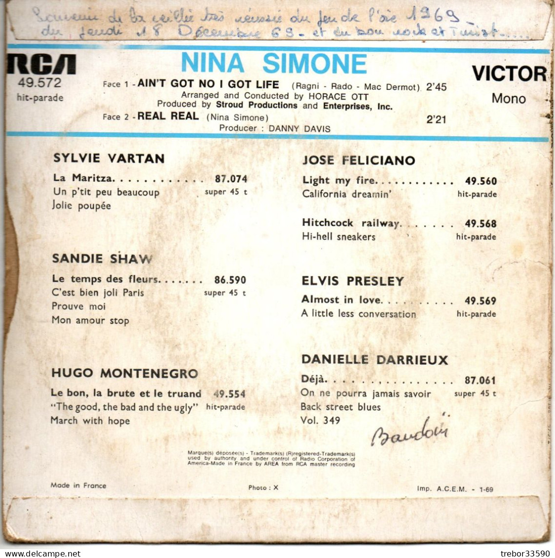 45t RCA 49572  NINA SIMONE Janvier 1969 - Music On DVD