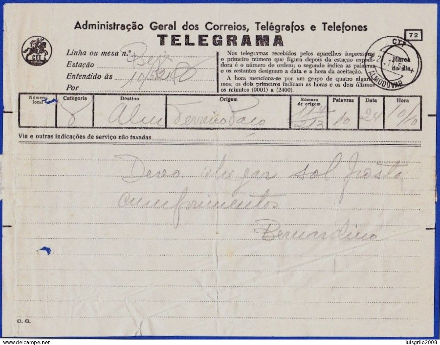 Telegram/ Telegrama - Terreiro Do Paço, Lisboa > Almodovar -|- Postmark - Almodovar. 1958 - Covers & Documents