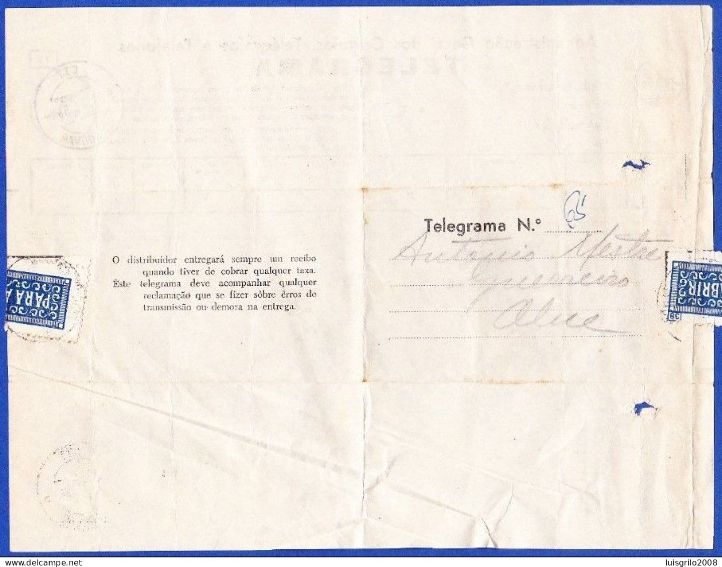 Telegram/ Telegrama - Terreiro Do Paço, Lisboa > Almodovar -|- Postmark - Almodovar. 1958 - Brieven En Documenten