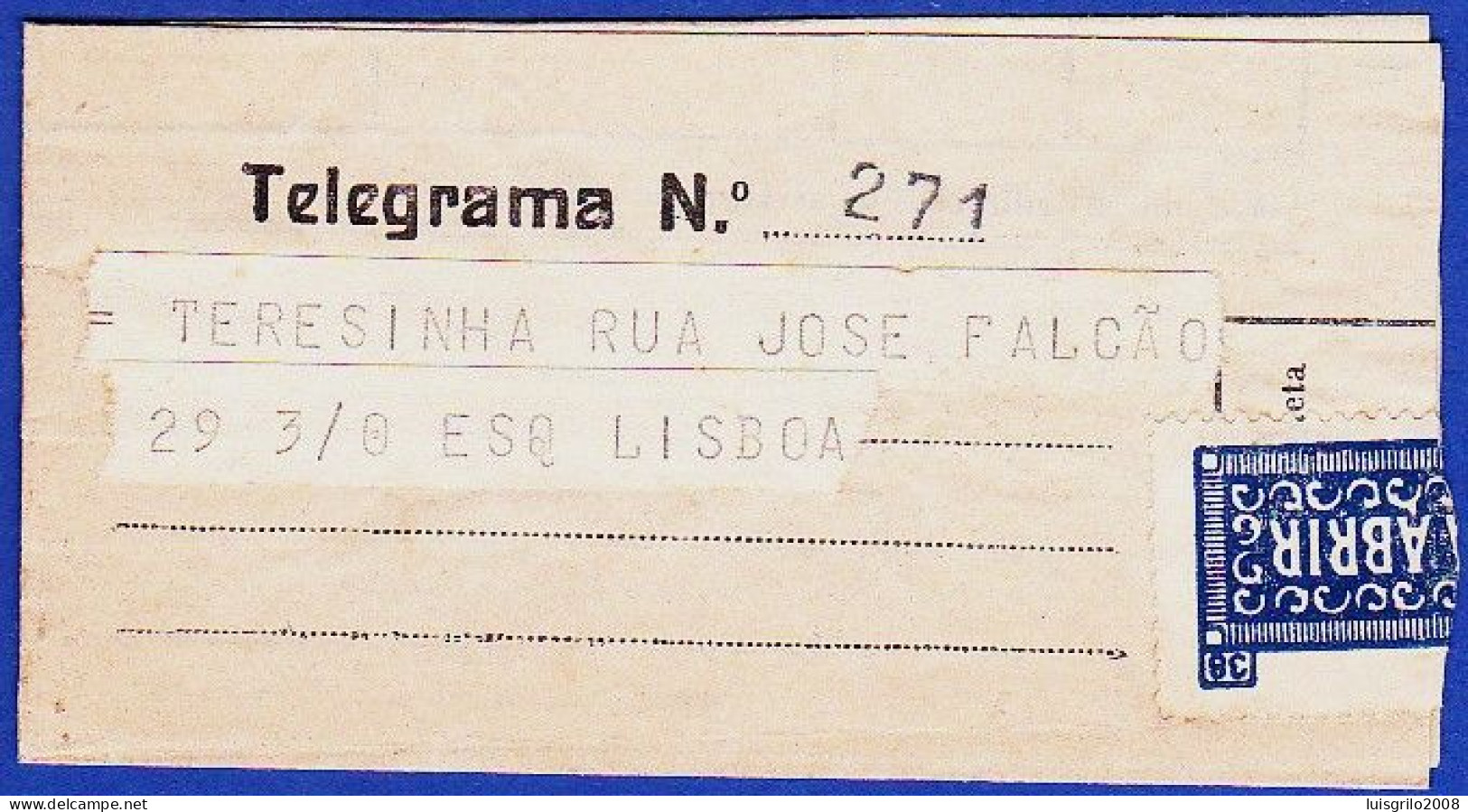 Telegram/ Telegrama - Chiado, Lisboa > Alameda, Lisboa -|- Postmark - D. Afonso Henriques. Lisboa. 1954 - Briefe U. Dokumente