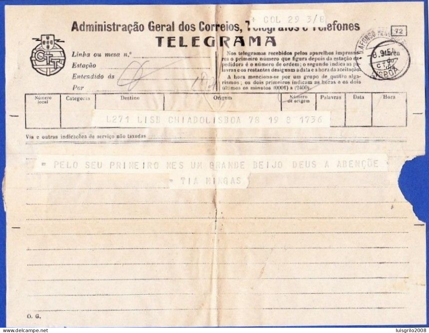 Telegram/ Telegrama - Chiado, Lisboa > Alameda, Lisboa -|- Postmark - D. Afonso Henriques. Lisboa. 1954 - Brieven En Documenten