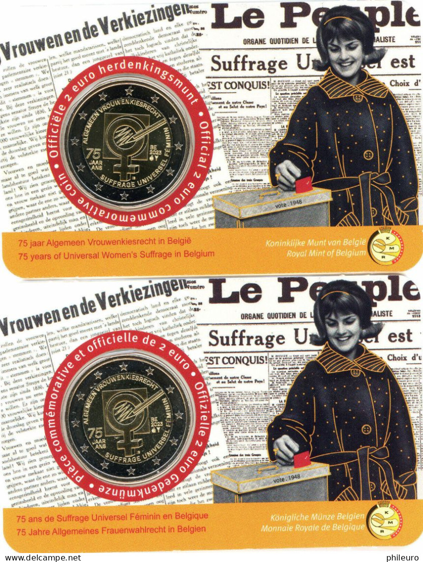 Belgique 2023 : Lot De 2 Coincards De La 2€ Commémorative '75 Ans Du Suffrage Universel Féminin' - EN FRANCE - Belgio