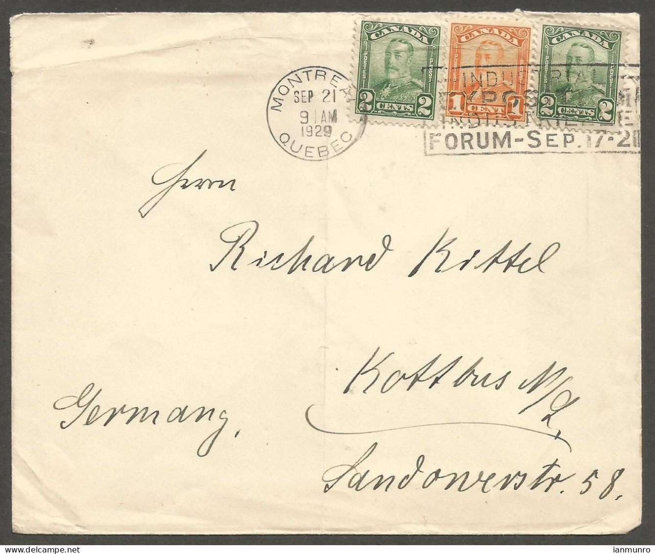 1929 Cover 5c UPU Rate Scroll Multi Slogan Montreal PQ Quebec To Germany Canadian Pacific - Postal History