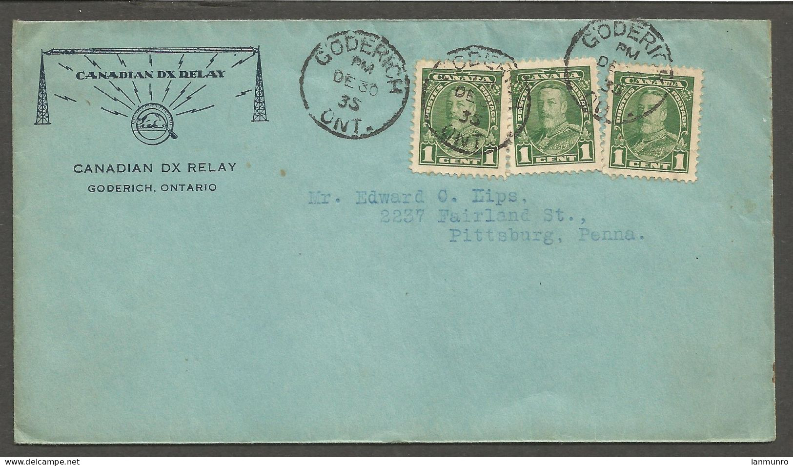 1935 Canadian DX Relay Illustrated Advertising Cover 3c CDS Goderich Ontario - Histoire Postale