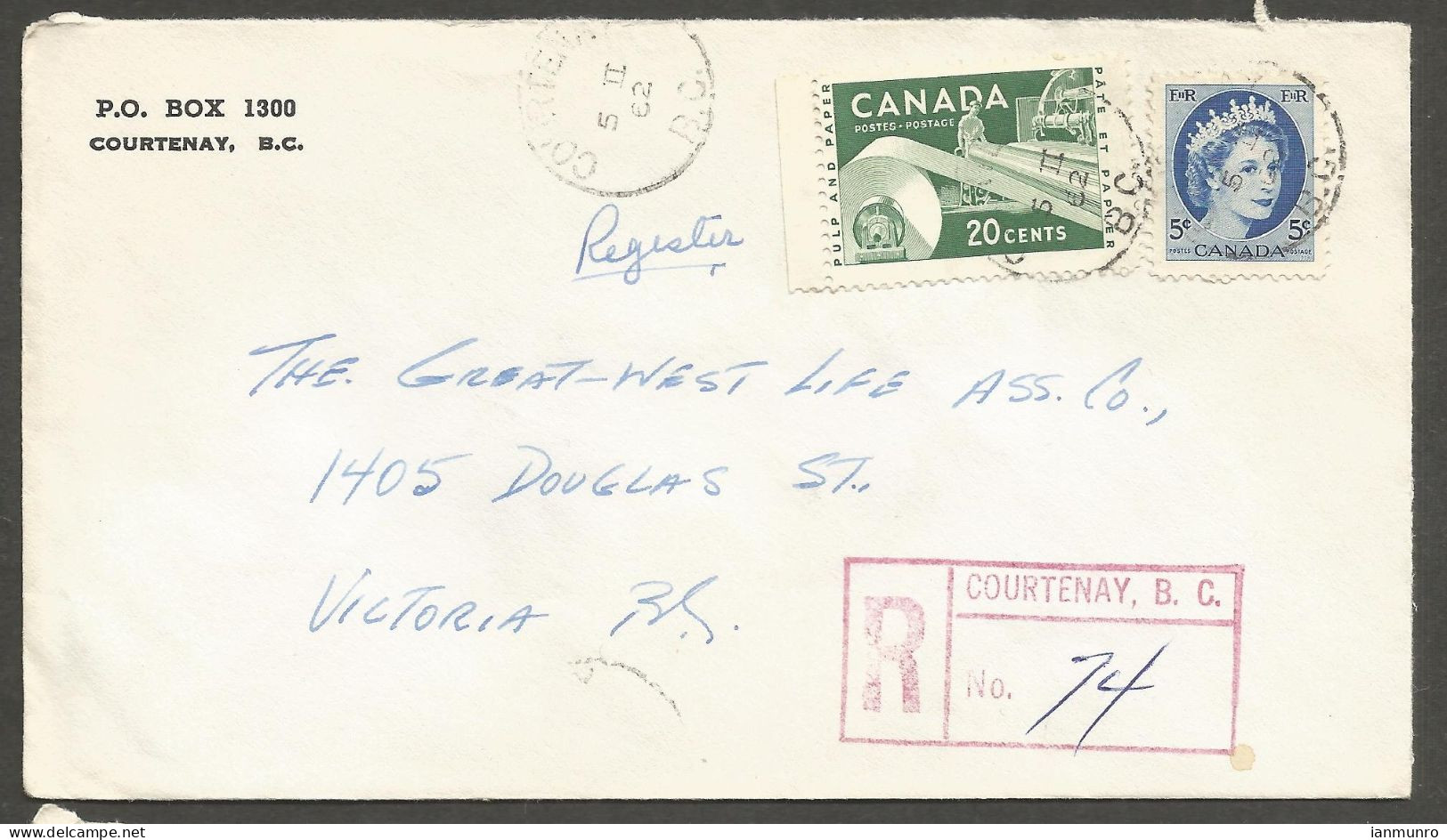 1962 Registered Cover 25c Paper/Wilding CDS Courtenay To Victoria BC - Postal History