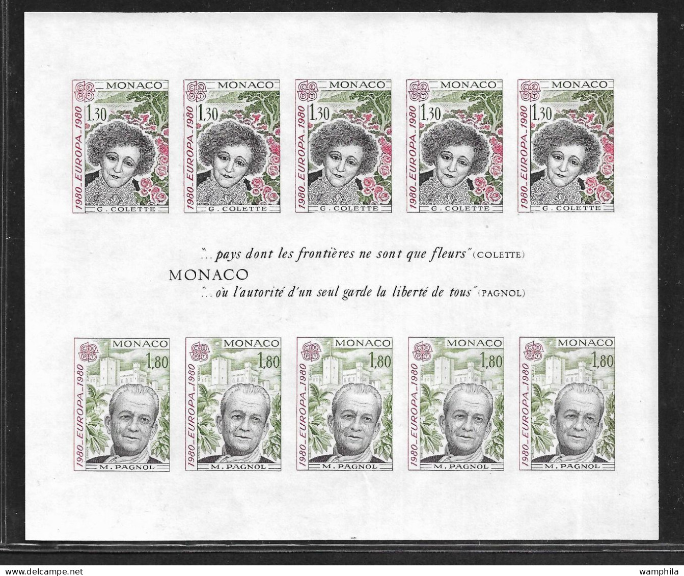 Monaco Bloc N°18a** NON Dentelé. Europa 1980 (S.G.Colette, M.Pagnol). RARE. Cote 540€ - Variétés