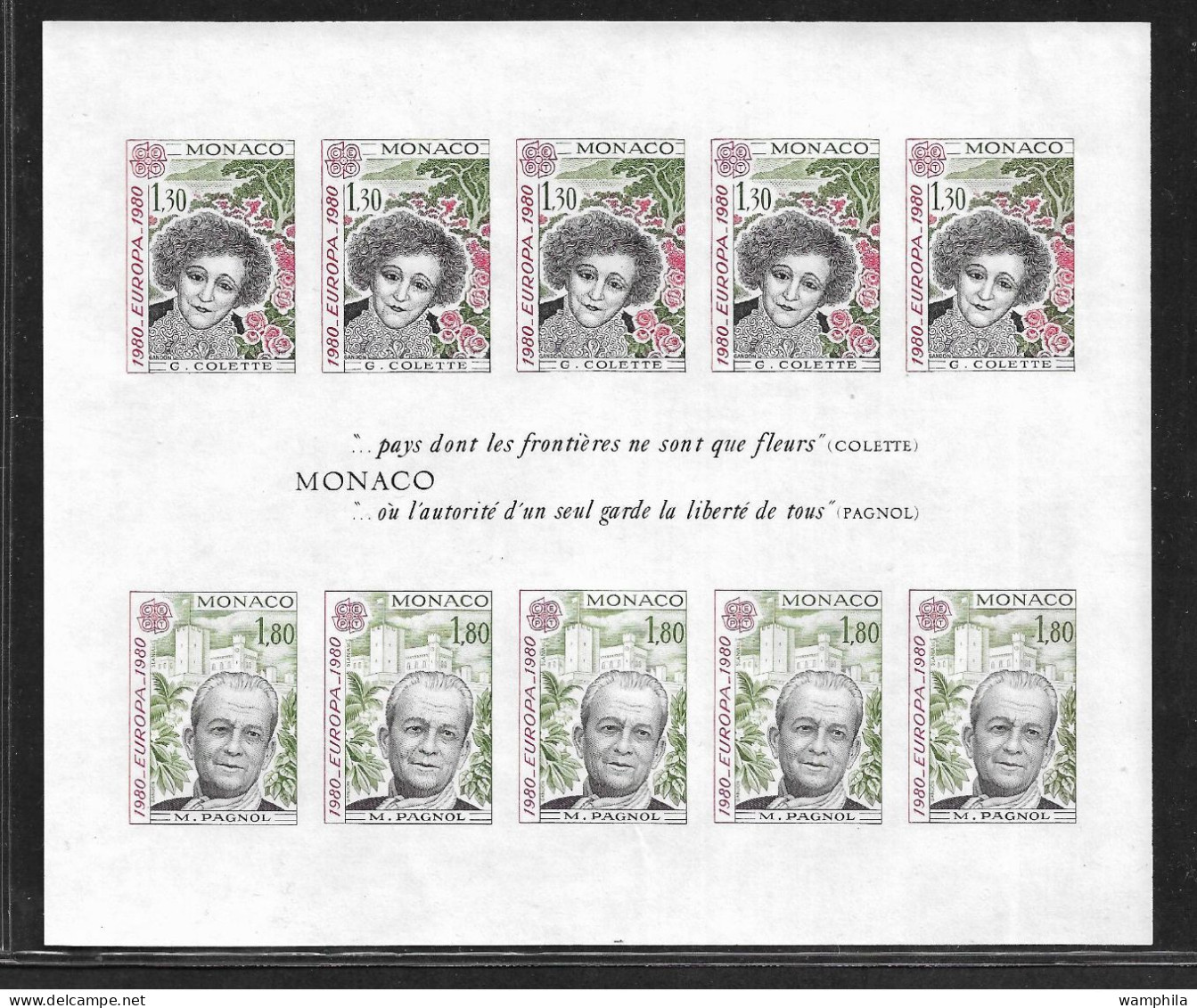 Monaco Bloc N°18a** NON Dentelé. Europa 1980 (S.G.Colette, M.Pagnol). RARE. Cote 540€ - 1980