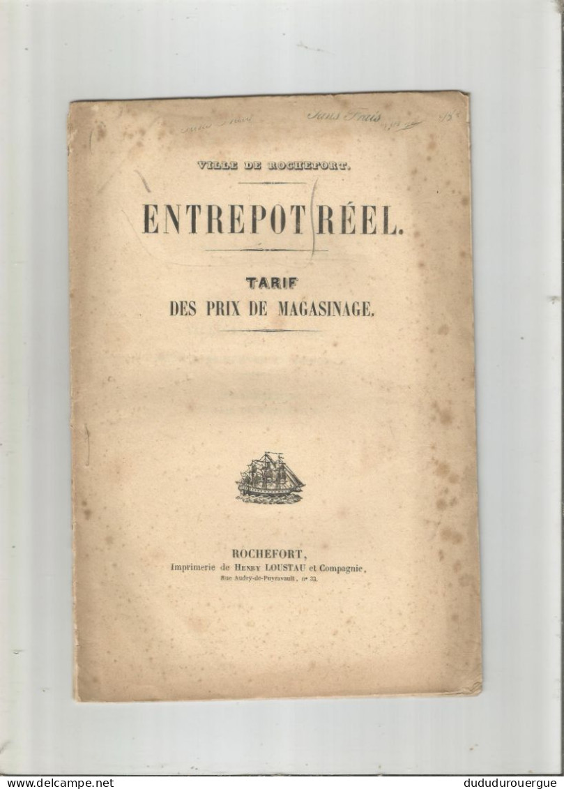 VILLE DE ROCHEFORT : ENTREPOT REEL , TARIF DES PRIX DE MAGASINAGE - Poitou-Charentes