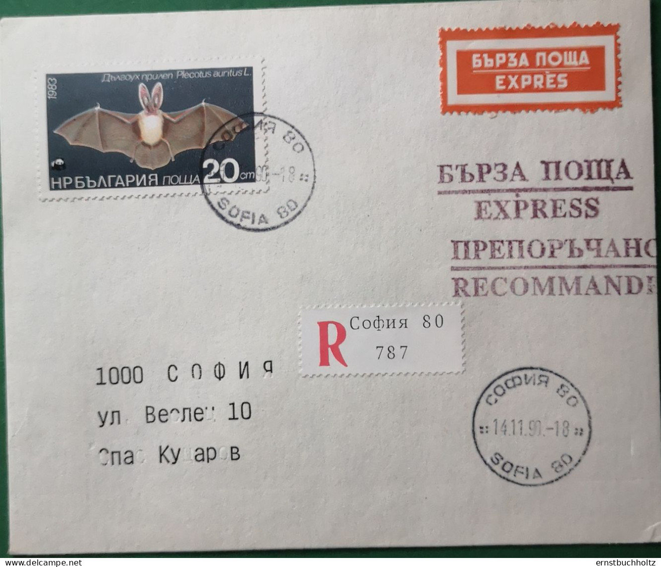 Bulgarien 1990 Bedarfsbrief Express/Recommande Fledermaus (1983) - Usati