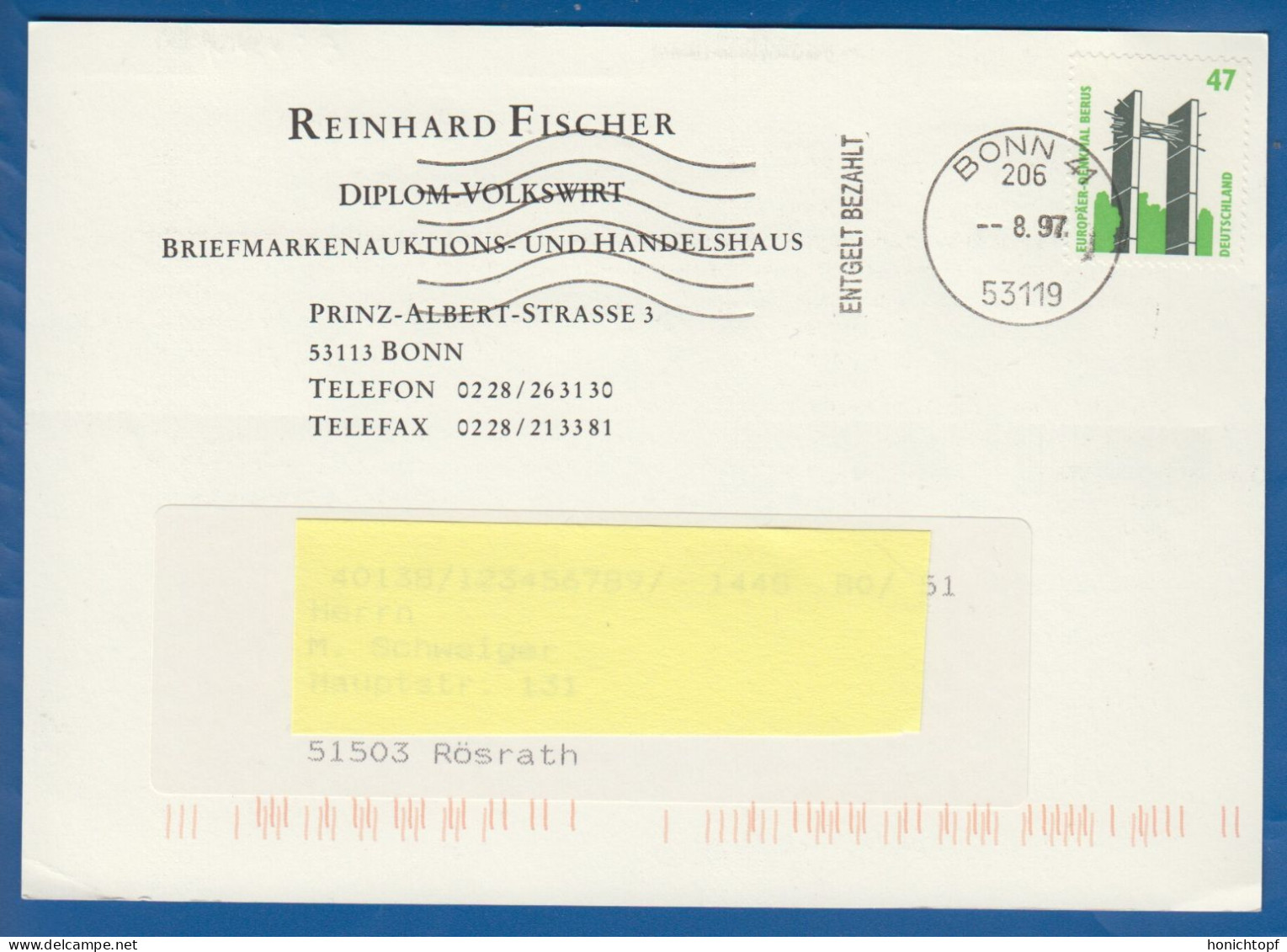 Deutschland; BRD; Postkarte; 47 Pf Denkmal Berus; Bonn 1997; Bild1 - Cartes Postales - Oblitérées
