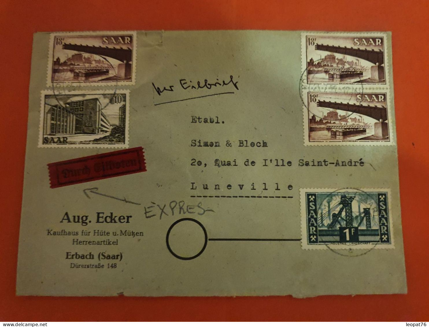 Sarre - Enveloppe Commerciale De Arbach En Exprès Pour La France En 1955 - D 352 - Lettres & Documents