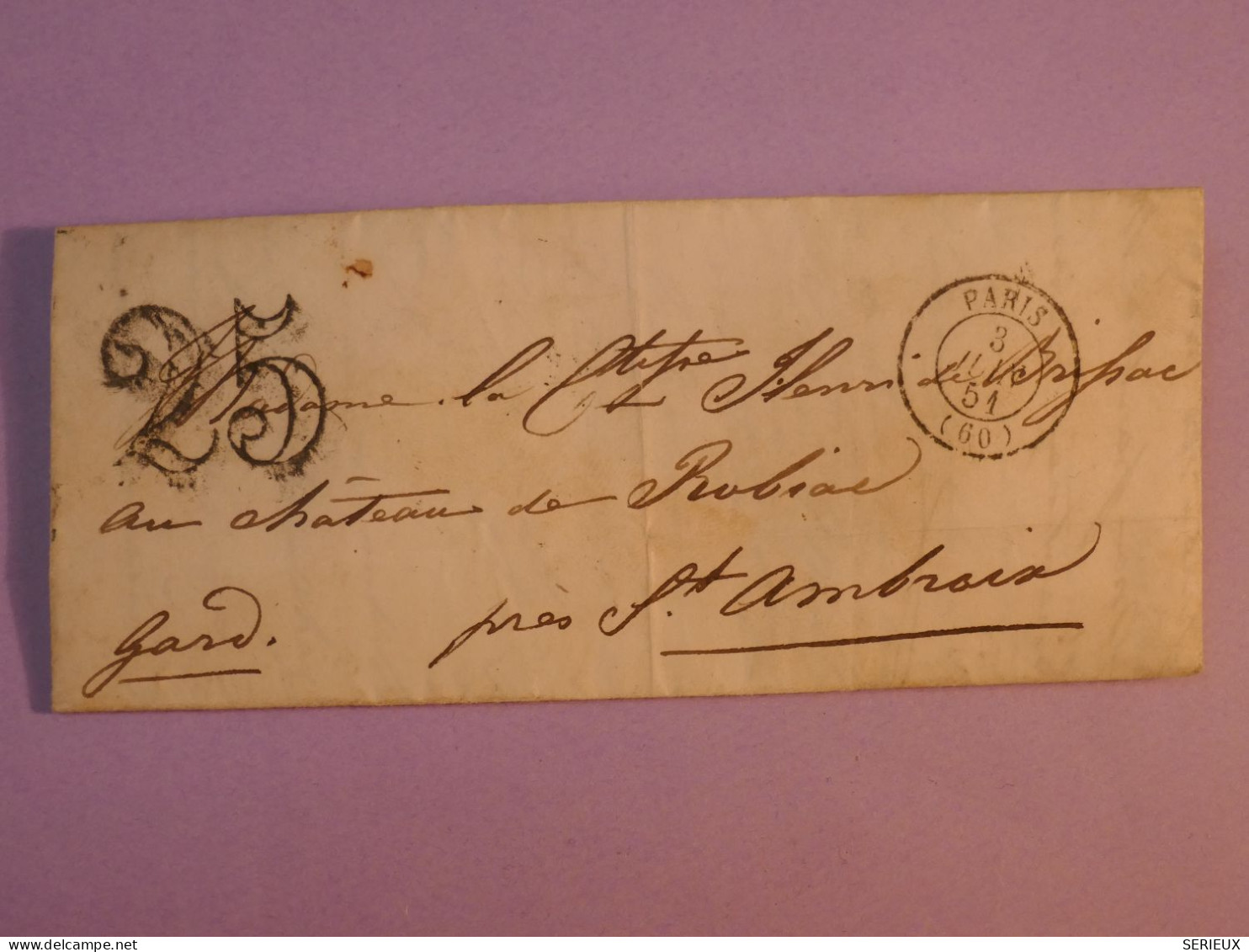 R0 FRANCE BELLE LETTRE  1851  PARIS A ST AMBROIX   +TAXE 25 + AFFRANCH .INTERESSANT+++ - 1849-1876: Période Classique