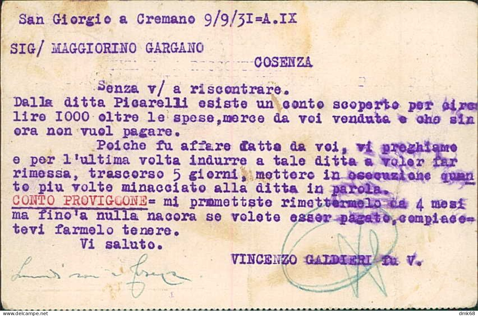 SAN GIORGIO A CREMANO ( NAPOLI ) VINCENZO GALDIERI - CARTOLINA AUTOGRAFA - SPEDITA 1931 (19713) - San Giorgio