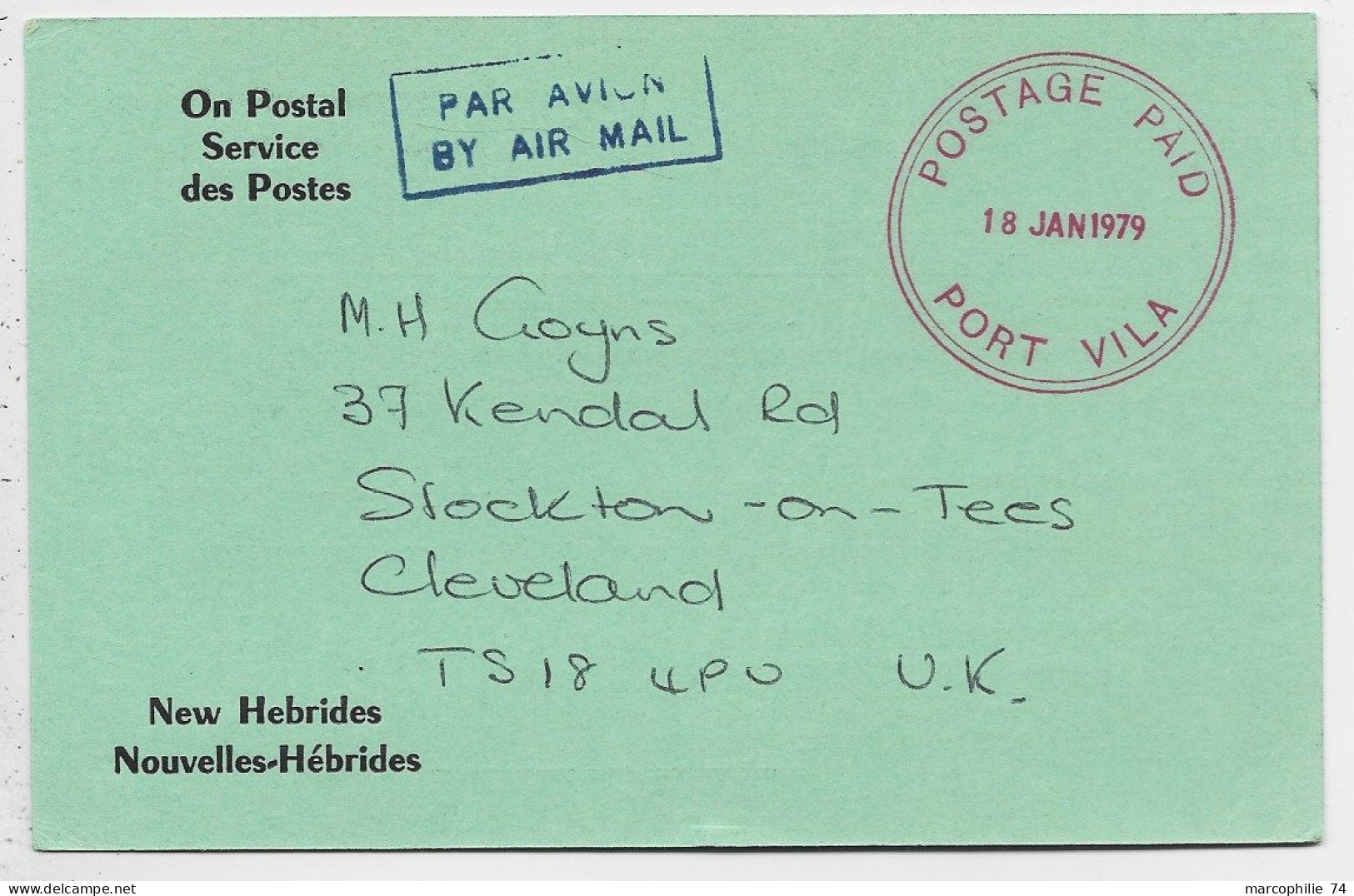NEW HEBRIDES CARD POSTAL SERVICE DES POSTES POSTAGE PAID 18 JAN 1979 PORT VILA TO UK - Ungebraucht