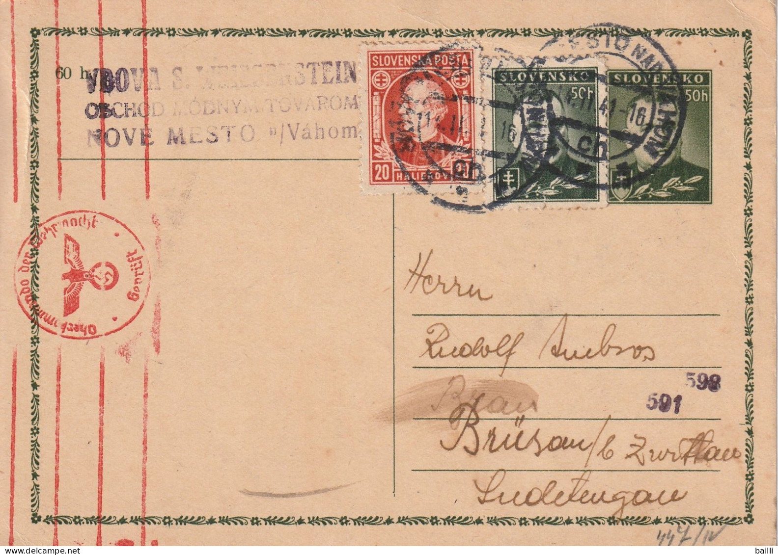 Slovaquie Entier Postal Censuré Nove Mesto 1941 - Cartas & Documentos