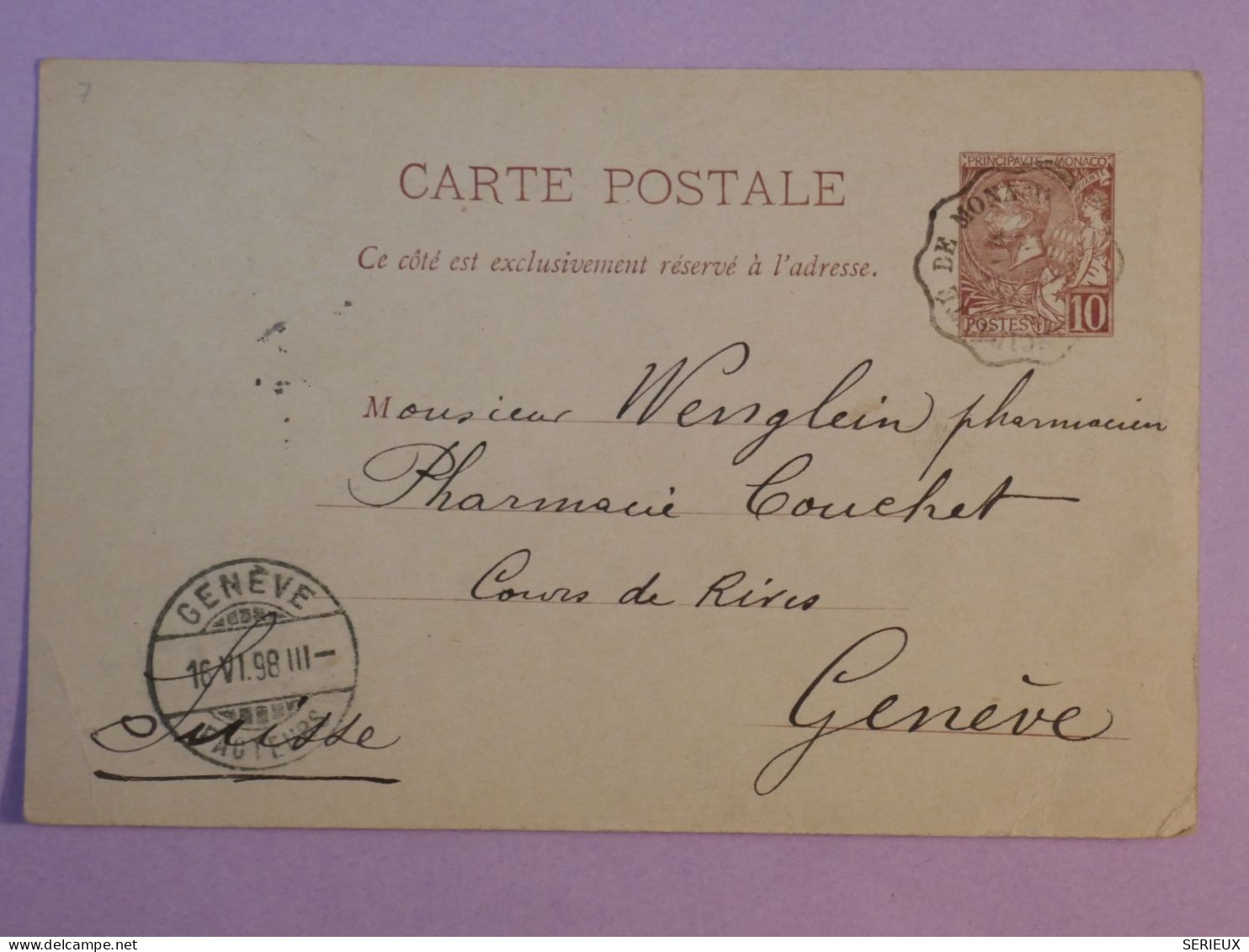 S0 MONTE CARLO   BELLE CARTE FERROVIAIRE RR  1898    A  GENEVE SUISSE   +AFF. INTERESSANT + - Entiers Postaux