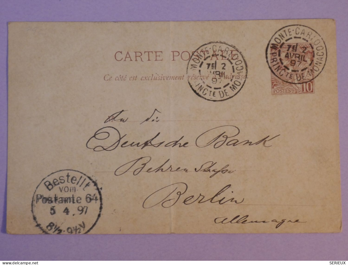 S0 MONTE CARLO   BELLE CARTE  RR  1897   A  BERLIN  ALLEMAGNE    +AFF. INTERESSANT + - Postal Stationery