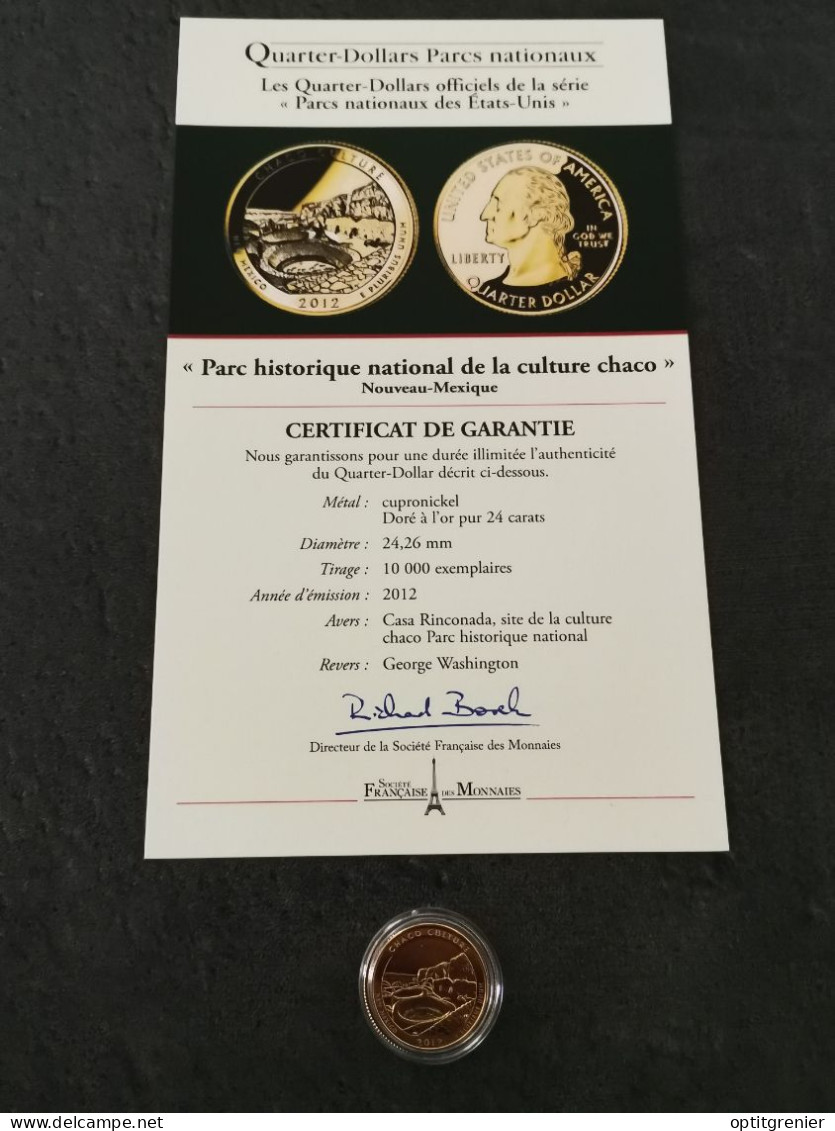 NATIONAL PARKS QUARTER DOLLAR 2012 D NOUVEAU MEXIQUE CHACO / CUPRONICKEL DORURE OR 24 CARATS / USA / + CERTIFICAT - 2010-...: National Parks