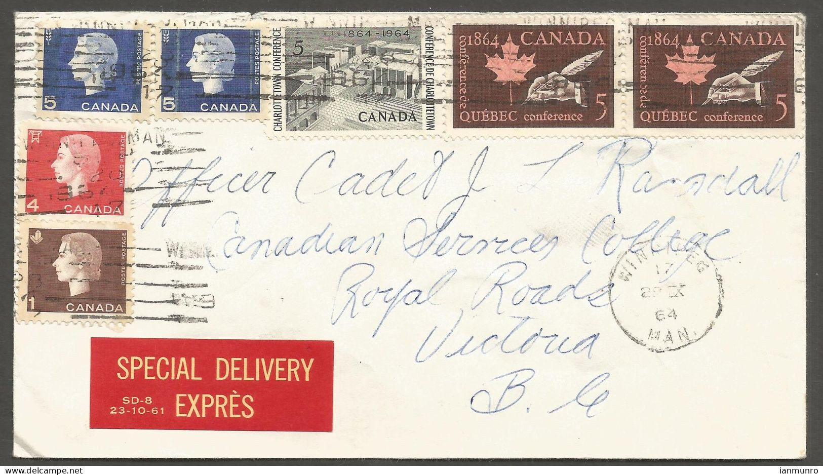 1964 Special Delivery Cover 30c Multi W/ Cameos Tagged Winnipeg Manitoba To Victoria BC - Postgeschiedenis