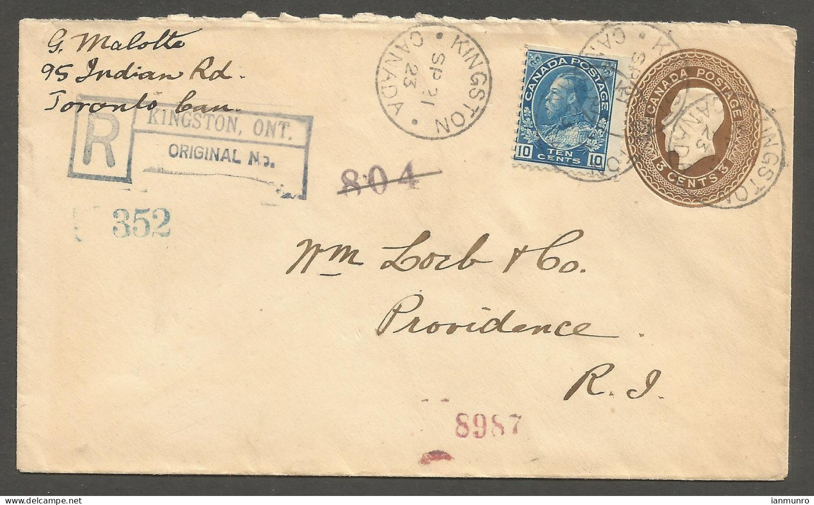 1923 Registered Cover 13c Admiral On Uprated PSE CDS Kingston Ontario To USA - Histoire Postale