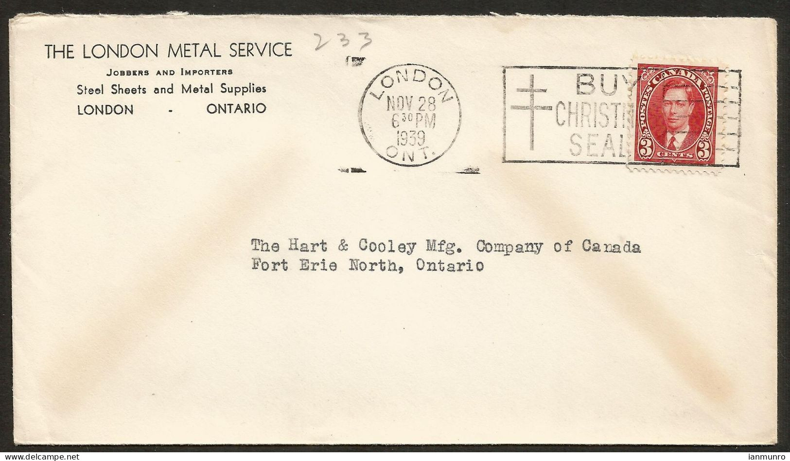 1939 London Metal Service Corner Card Cover 3c Mufti Slogan London Ontario - Postal History