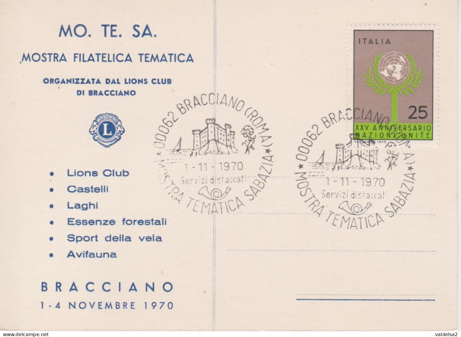 BRACCIANO - ROMA - MO.TE.SA. - MOSTRA FILATELICA TEMATICA - LIONS CLUB - 1/4 NOVEMBRE 1970 - Mostre, Esposizioni