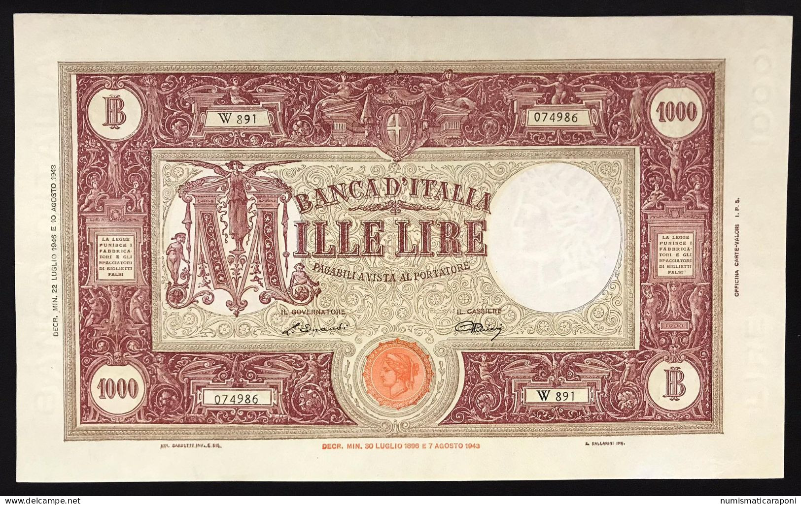 1000 Lire Grande M Testina B.I.22 07 1946 Spl+ Pressato LOTTO 3744 - 1000 Lire