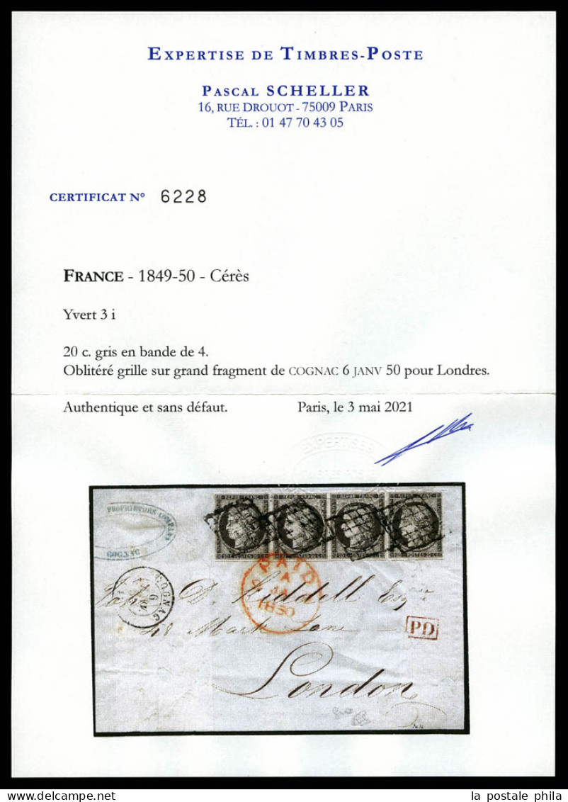 N°3i, 20c GRIS, Bande De 4 Horizontale, Obl Grille Sur Devant De Lettre De Cognac Pour Londres. SUPERBE. R.R. (signé Cal - 1849-1850 Cérès