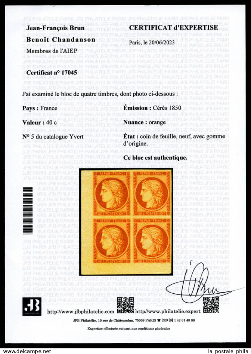 N°5, 40c Orange, Gomme Blanche, Bloc De Quatre Coin De Feuille, Fraîcheur Postale, Un Des Plus Beaux Exemplaires Connus. - 1849-1850 Cérès