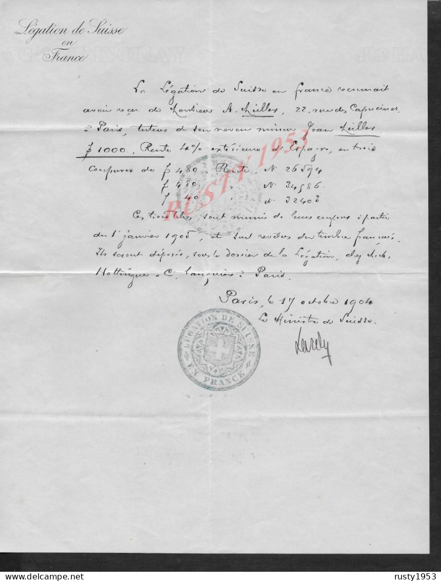 LETTRE DELÉGATION DE SUISSE EN FRANCE DE Mr MÜLLER PARIS 1905 CACHET SIGNÉ LE MINISTRE DE SUISSE CH. LARDY : - Manuscrits
