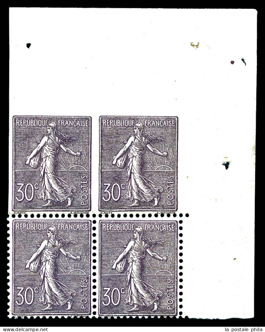 N°133, 30c Semeuse: 2 Paires Non Dentelées Tenant à Dentelées En Bloc De Quatre Coin De Feuille. SUPERBE. R.R. (certific - Unused Stamps