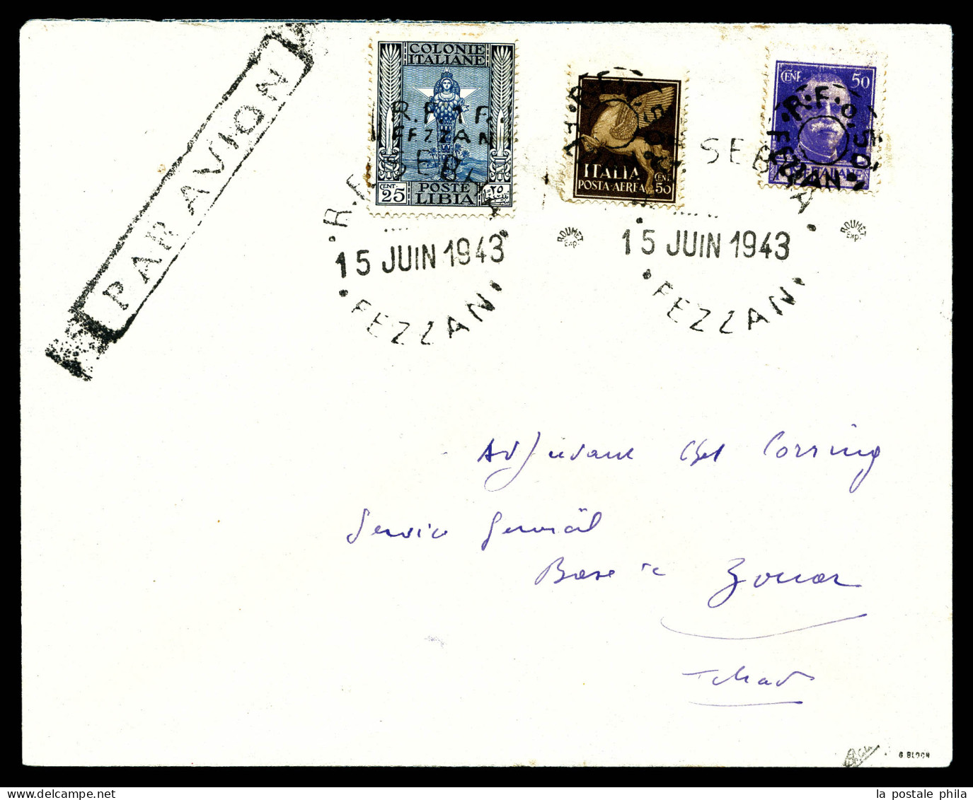 50c S 50c Violet (N°18), 1f S 25c Bleu Et Outremer (N°19) Et 50c S 50c Sépia (PA 3) Sur Lettre De Sebha Le 15 Juin 1943  - Lettres & Documents