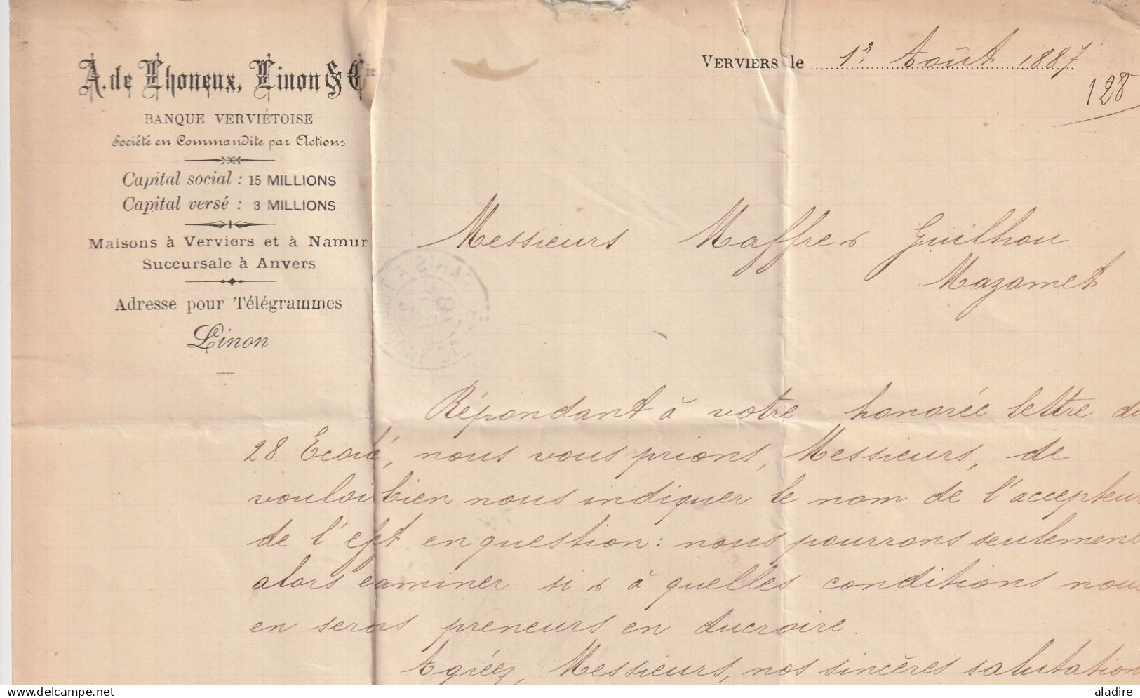 1887 - Lettre Pliée De VERVIERS Vers MAZAMET, France - Via PARIS ETRANGER - 25 C Léopold II - Cachet à Date D'arrivée - 1884-1891 Leopoldo II