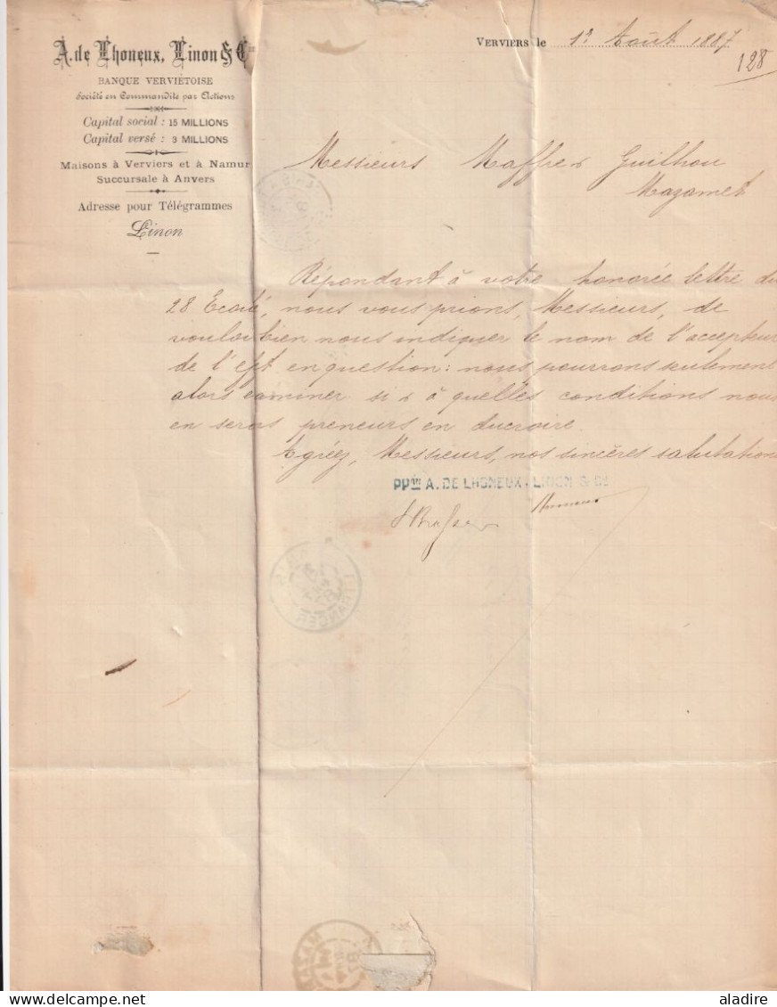 1887 - Lettre Pliée De VERVIERS Vers MAZAMET, France - Via PARIS ETRANGER - 25 C Léopold II - Cachet à Date D'arrivée - 1884-1891 Leopoldo II