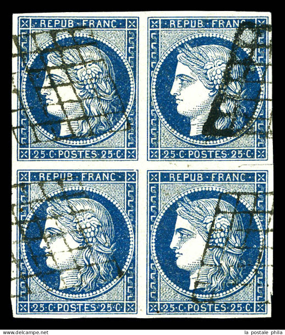 N°4, 25c Bleu En Bloc De Quatre Obl Grille (pd), Très Belle Présentation. R. (certificat)  Qualité: Oblitéré  Cote: 6250 - 1849-1850 Cérès