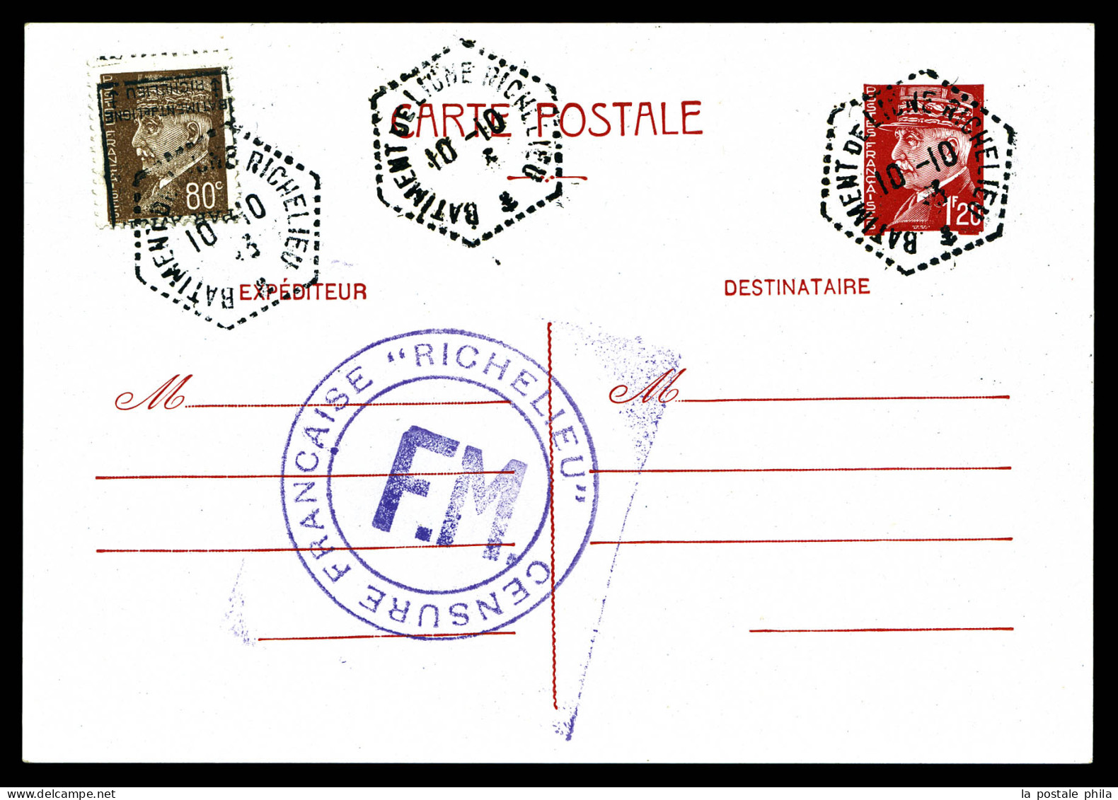 N°11, Timbre D'Algérie, 80c Pétain SURCHARGE RENVERSEE 'PAR AVION RICHELIEU', Sur Entier Pétain, Pièce Superbe Et Rare ( - Militärische Luftpost