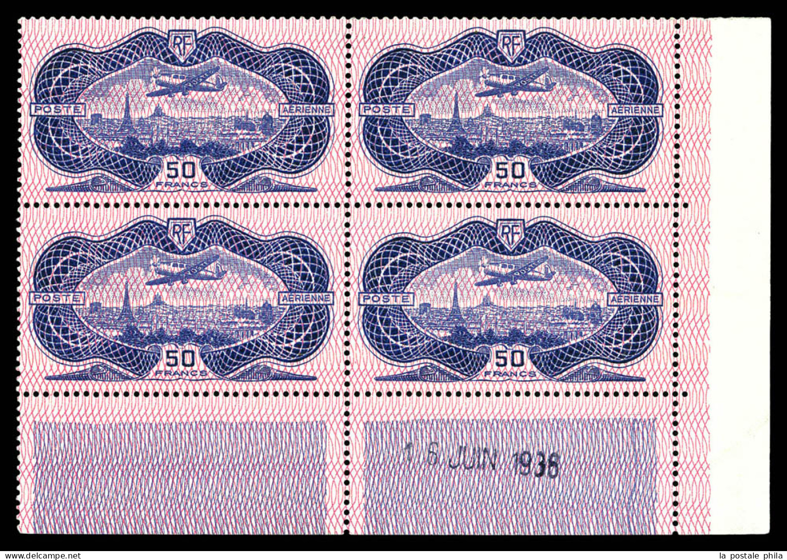 N°15b, 50F Burelé, Burelage Renversé En Bloc De Quatre Coin De Feuille Daté Du 16 Juin 1936, SUPERBE (certificat)  Quali - Airmail