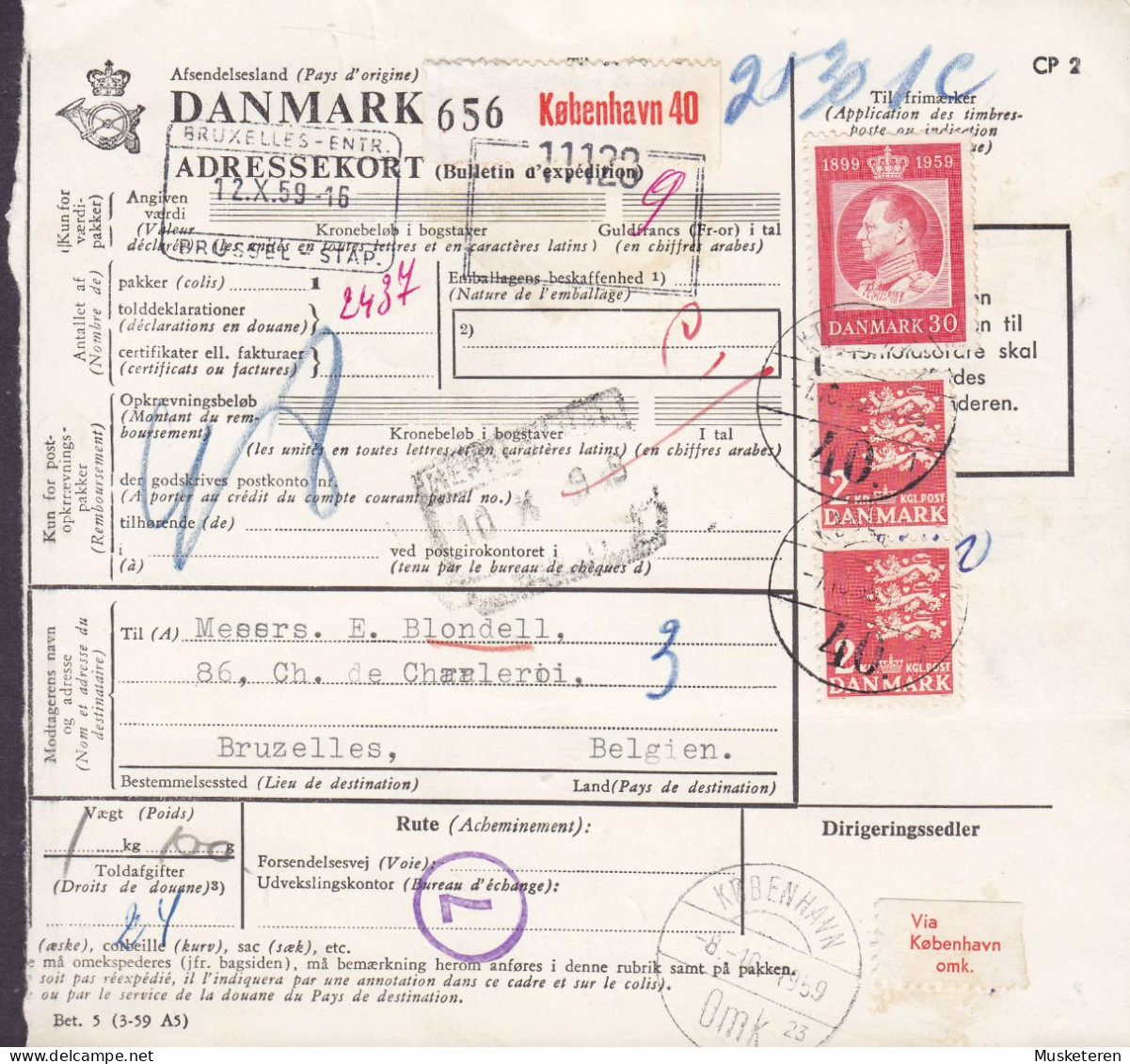 Denmark Adressekort Freight Bill Paketkarte Bulletin D'Expedition KØBENHAVN (40.) 1959 To BRUXELLES Belgium (2 Scans) - Briefe U. Dokumente