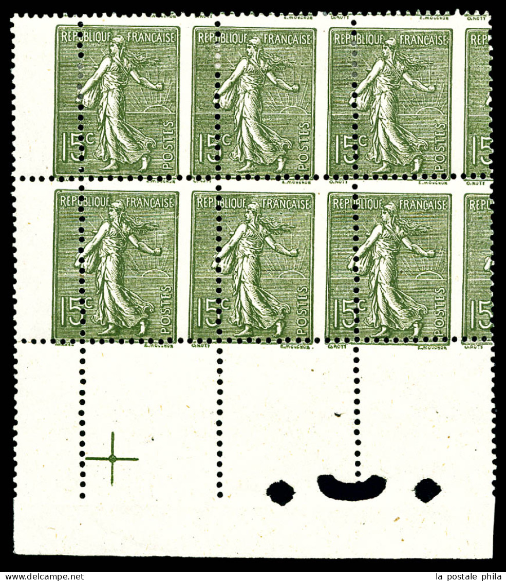 N°130, 15c Semeuse, Superbe Piquage à Cheval Sur Bloc De Six (3ex*) Coin De Feuille Avec Croix De Repère. TTB (certifica - Unused Stamps