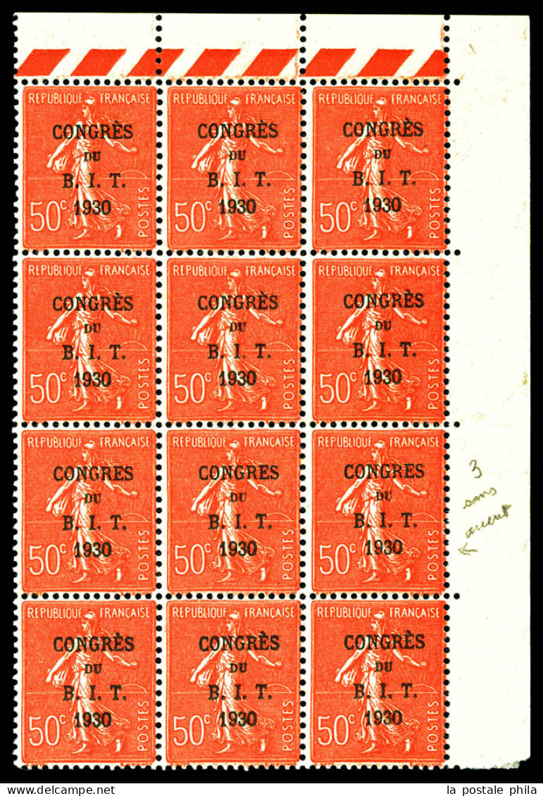 N°264a, 50c B.I.T: Sans Accent Grave Sur Le E De CONGRES Sur 3 Exemplaires Tenant à Normaux En Bloc De 12 Cdf. TTB  Qual - Unused Stamps