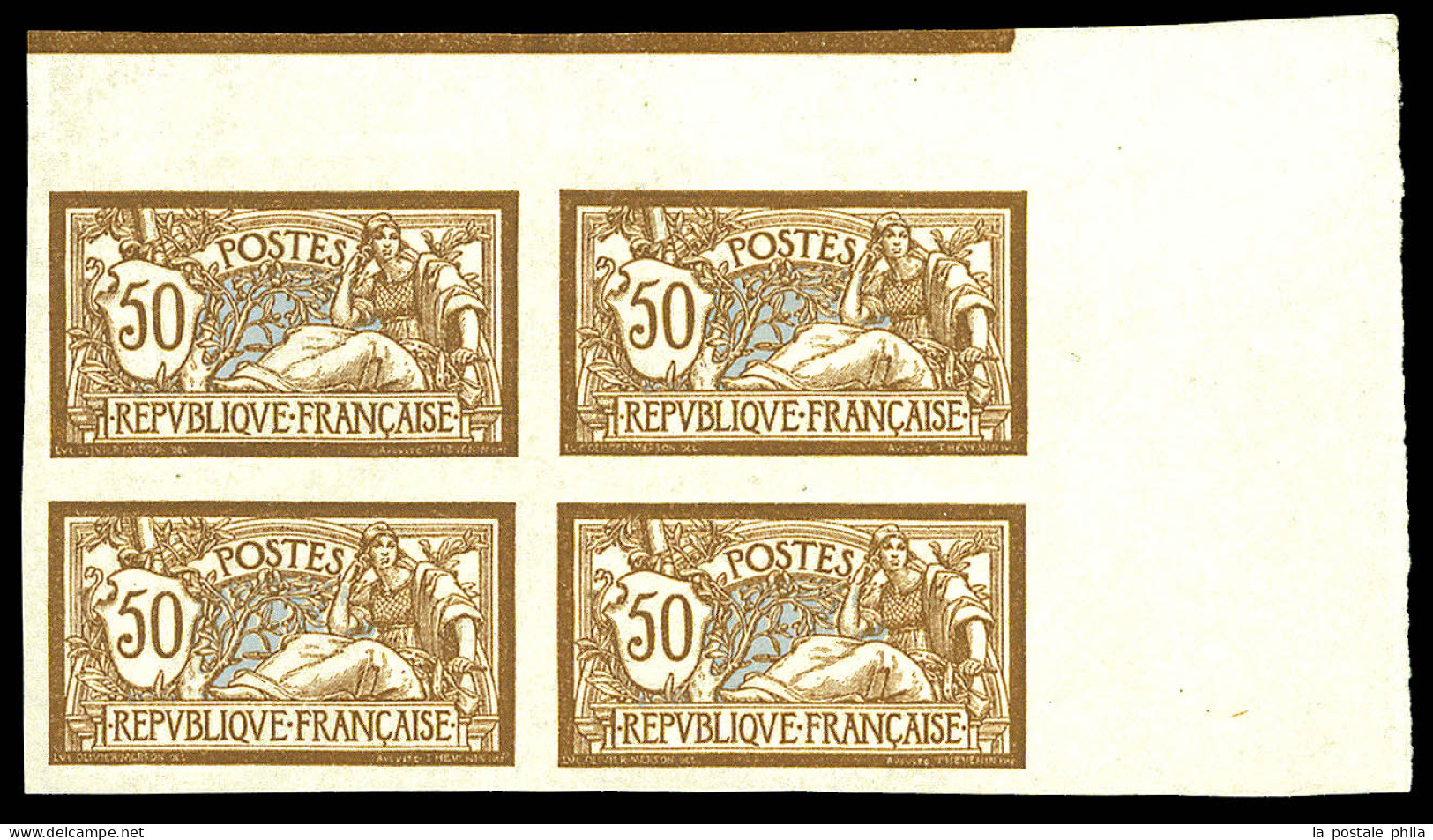 N°120a, 50c Merson Non Dentelé En Bloc De Quatre Cdf Avec Liseret. SUP. R (certificat)  Qualité: (*)  Cote: 1800 Euros - 1872-1920