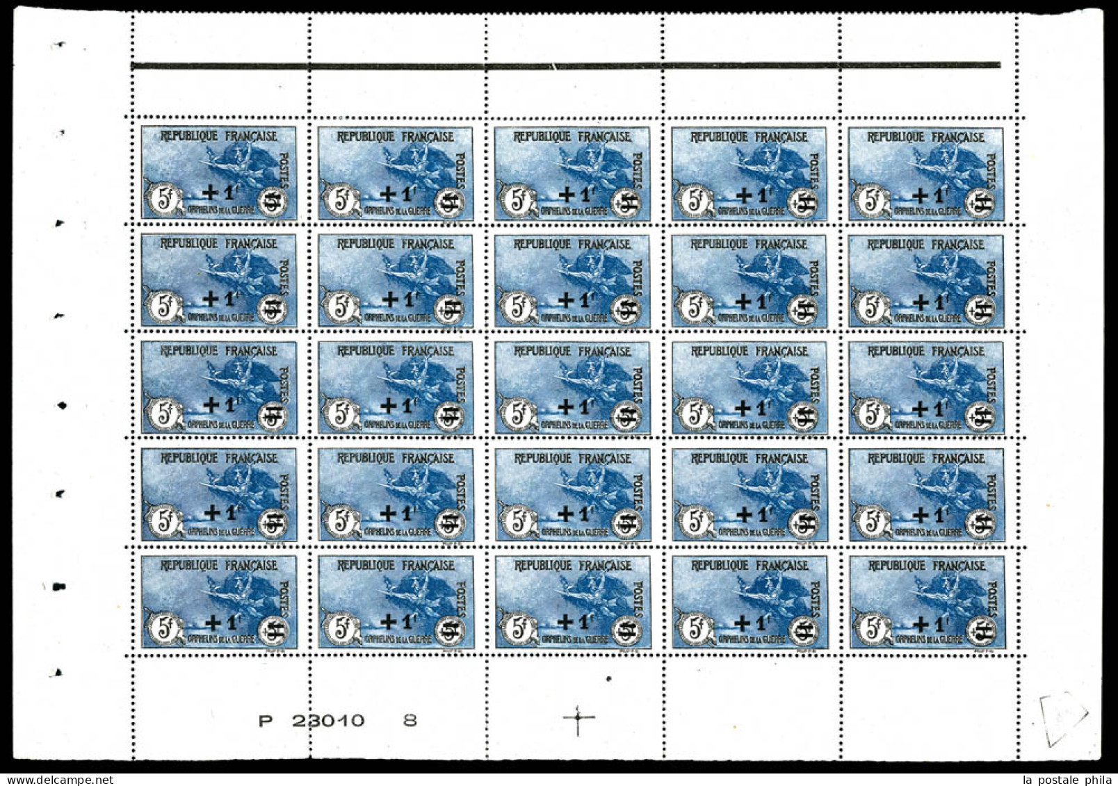 N°169a, Orphelins, +1F Sur 5F+5F Noir Et Bleu En Panneau De 25 Exemplaires Avec Numéro Et Croix De Repère, FRAÎCHEUR POS - Feuilles Complètes