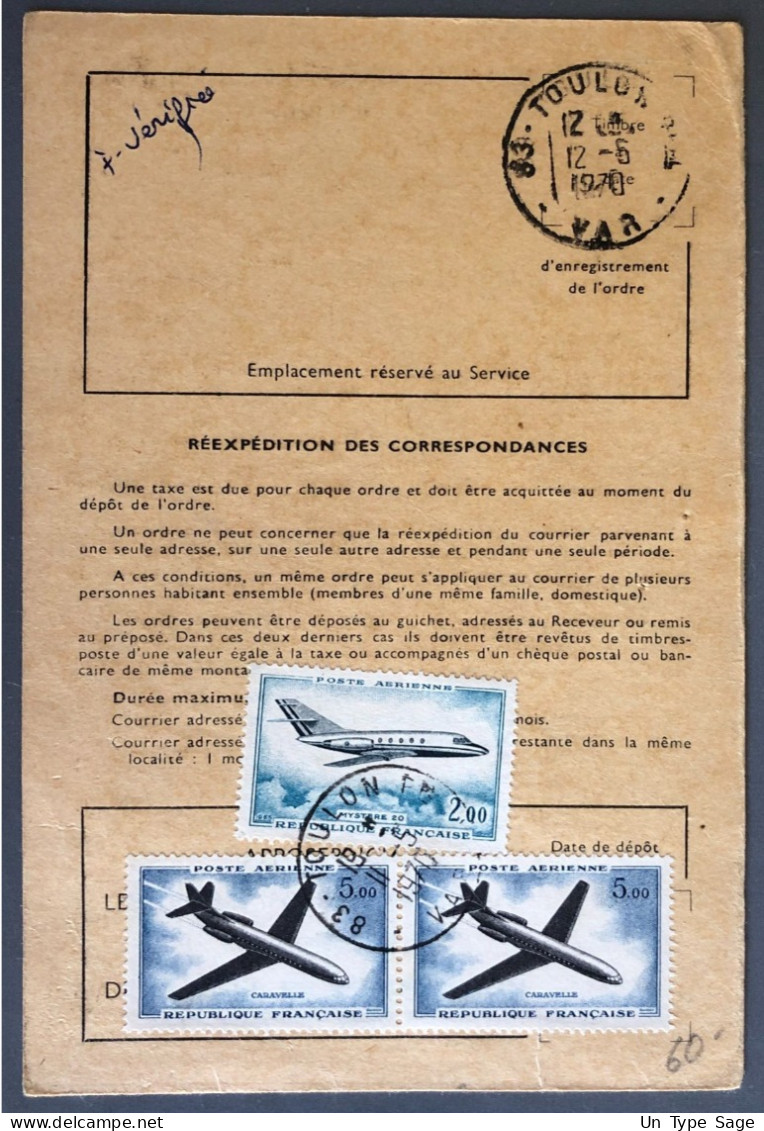 France, Poste Aérienne, Divers Sur Ordre De Réexpédition Toulon 1970 - (W1175) - 1960-.... Cartas & Documentos