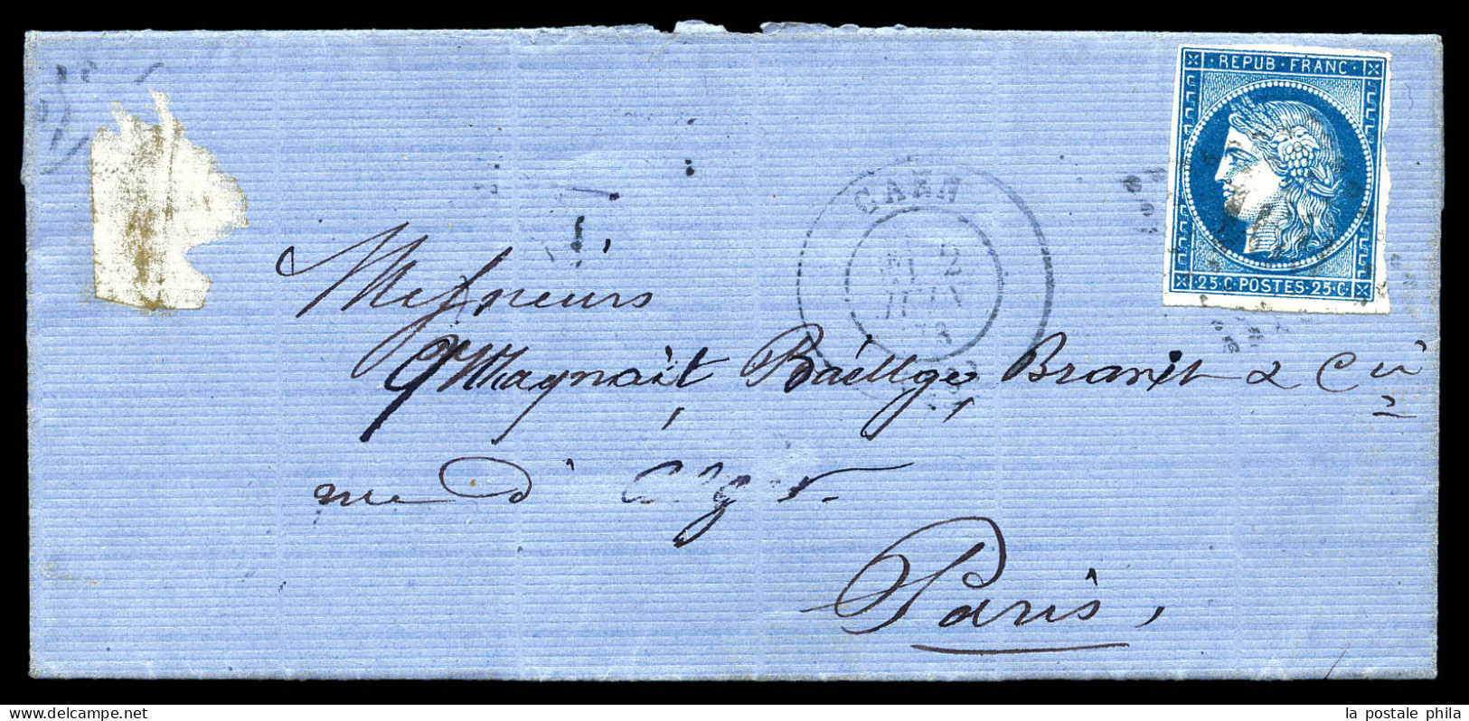 N°23, 25c Bleu Obl GC 691 + Càd De CAEN Sur Lettre Non Taxée De 1873 Pour PARIS, Exceptionnelle Utilisation D'un Timbre  - Sage