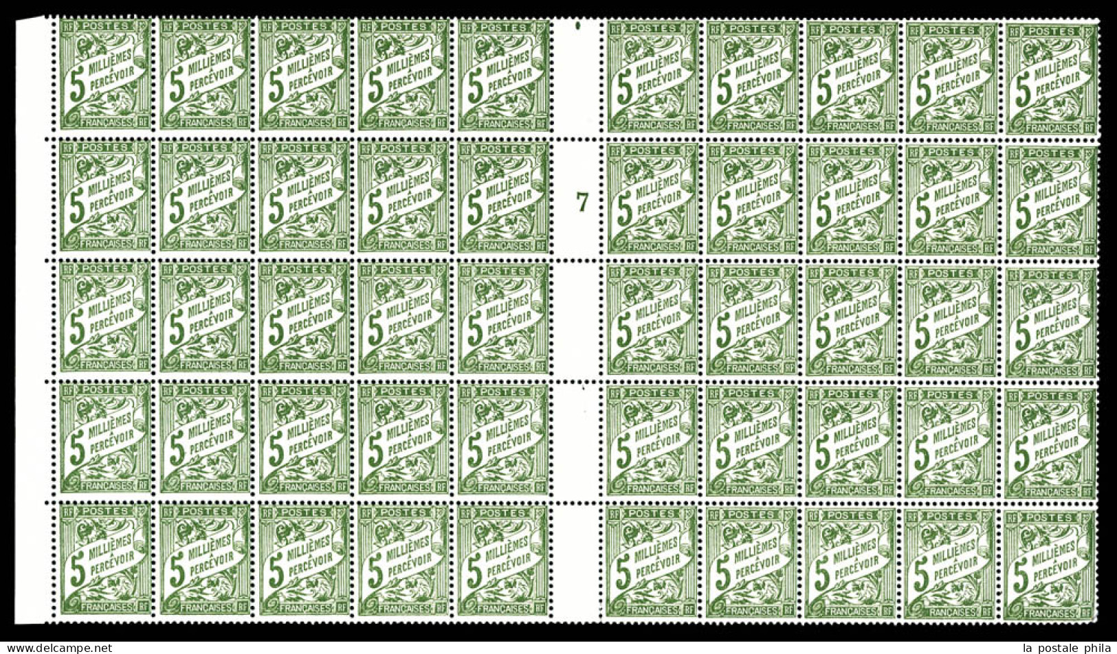 Taxe N°9b, 5m Olive: Sans 'F' à Francaise Tenant à Normaux En Panneau De 50 Exemplaires. SUP  Qualité: **  Cote: 372 Eur - Unused Stamps