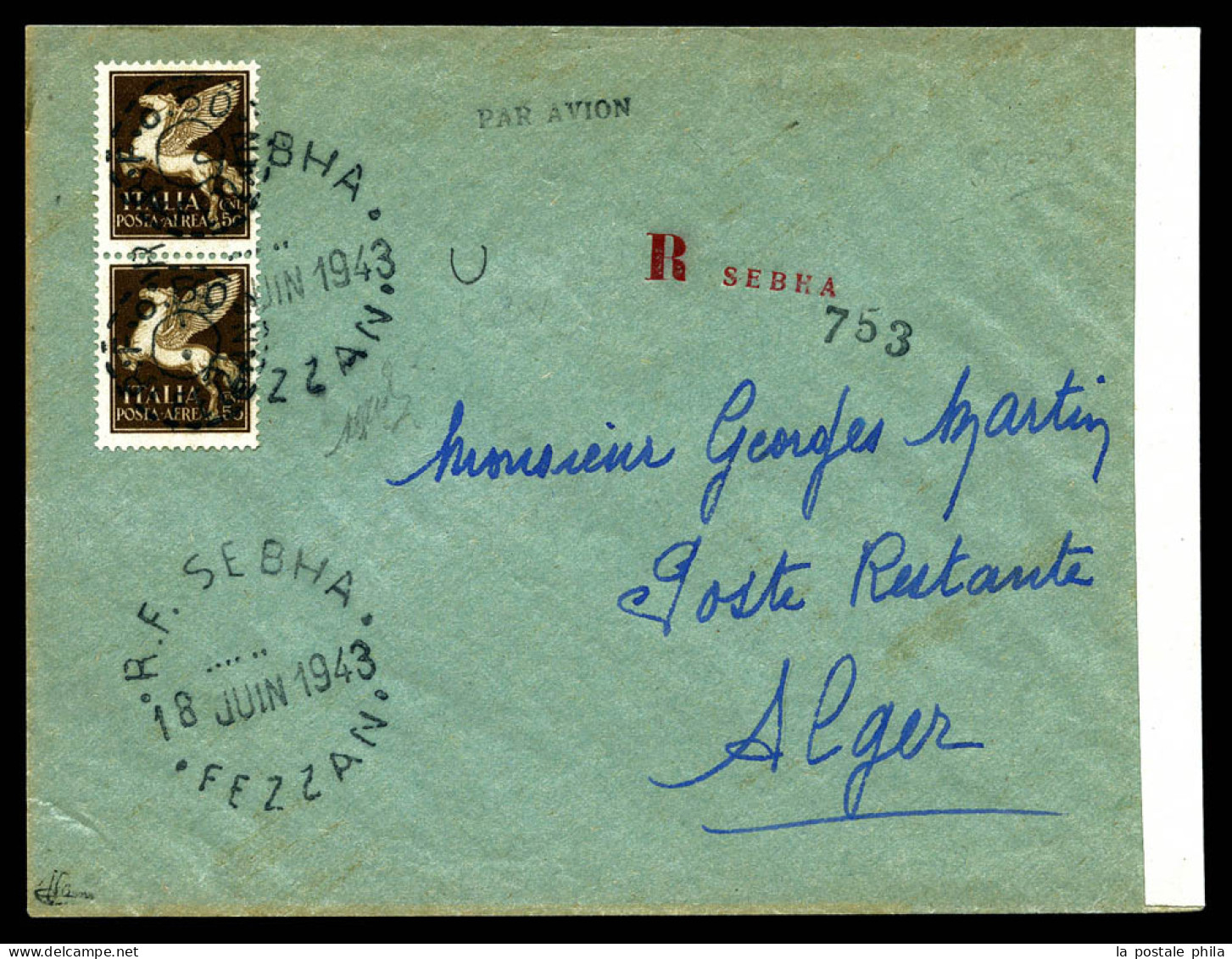 N°3, 50c Sur 50c Sépia, Paire Oblitérée Sur Lettre Recommandée De Sebha Pour Alger Avec Cachet De Censure. SUPERBE. R.R. - Covers & Documents