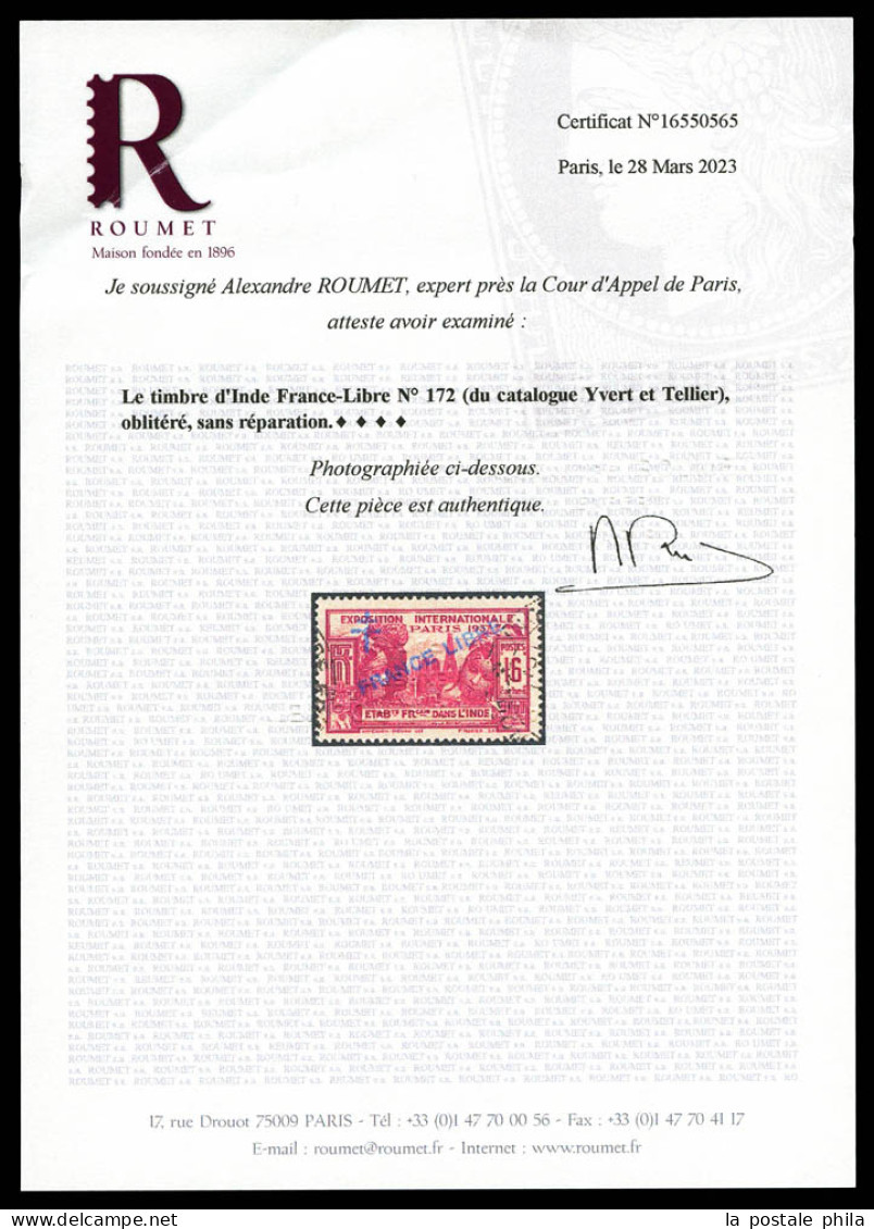 N°172, FRANCE LIBRE, 16 Ca Rose-carminé, Fraîcheur Postale. SUP. R.R. (signé Brun/certificats)  Qualité: Oblitéré  Cote: - Usati