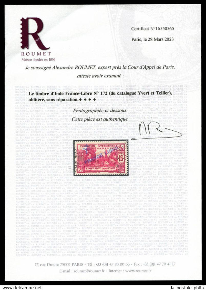 N°172, FRANCE LIBRE, 16 Ca Rose-carminé, Fraîcheur Postale. SUP. R.R. (signé Brun/certificats)  Qualité: Oblitéré  Cote: - Oblitérés