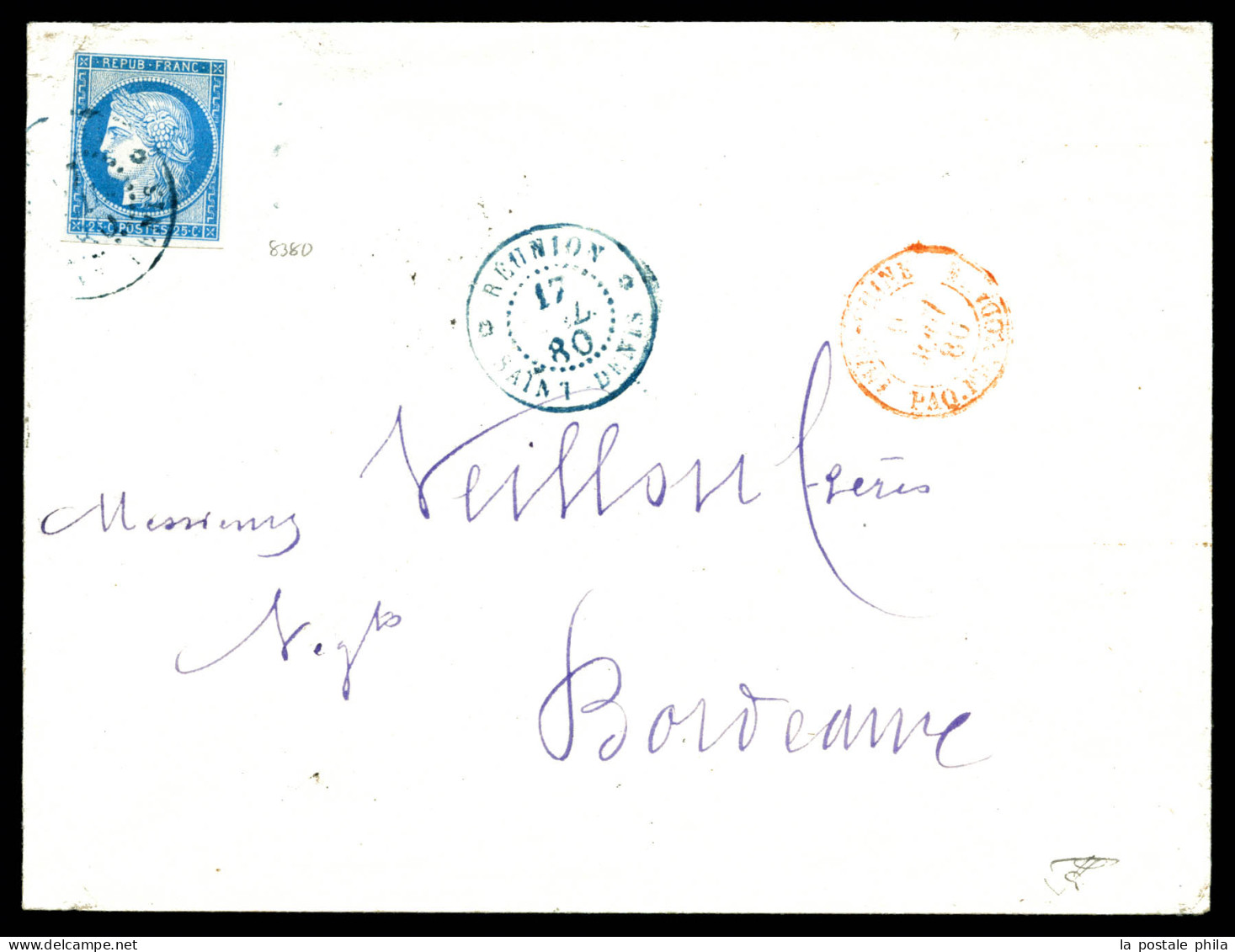 25c Cérès Obl Càd Bleu De St Denis Du 17 Juillet 1880 Sur Enveloppe Pour Bordeaux. TB  Qualité: Oblitéré   - Storia Postale