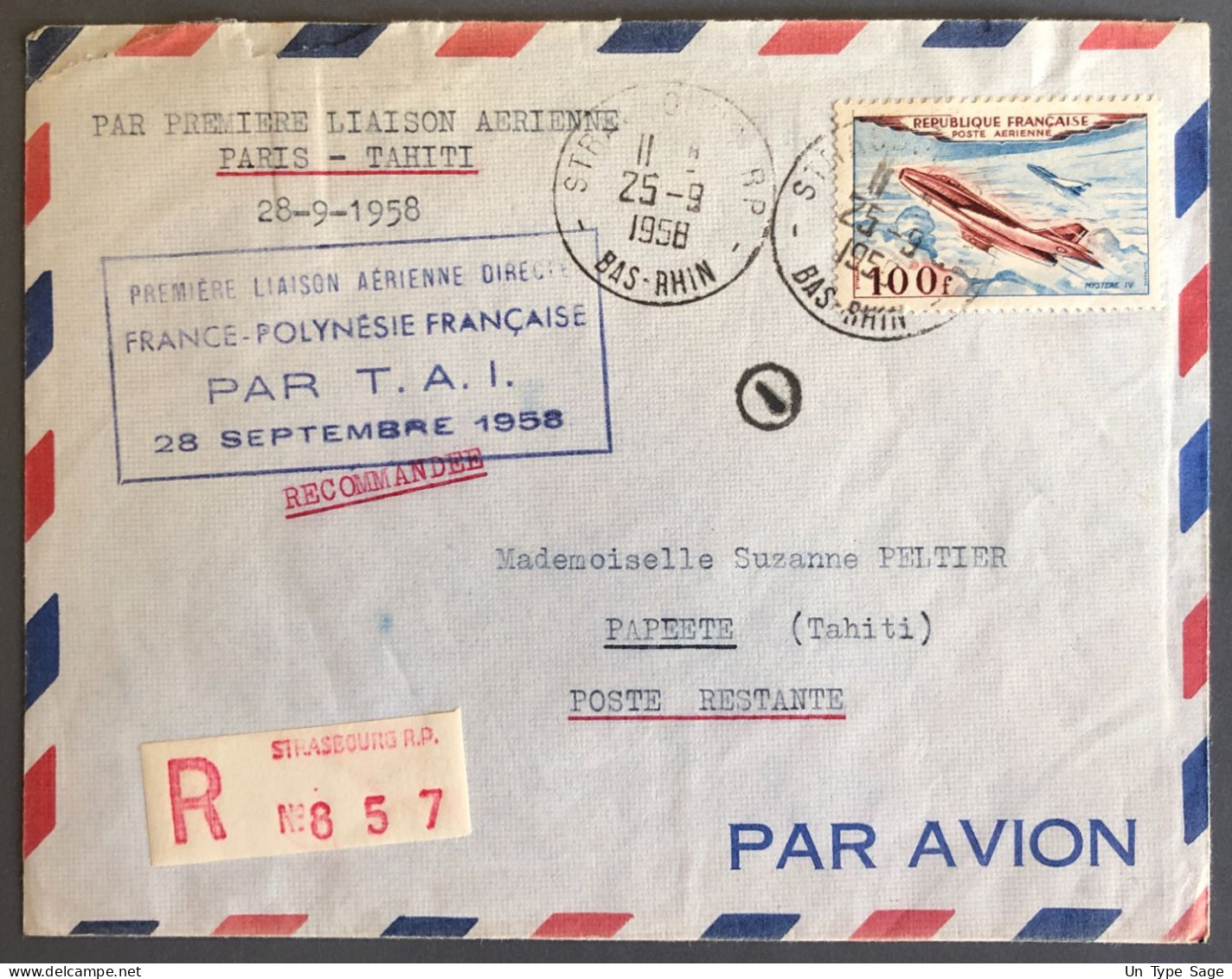 France, Premier Vol Direct FRANCE / POLYNESIE FRANCAISE Par T.A.I. 28.9.1958 Sur Enveloppe - (W1199) - Premiers Vols